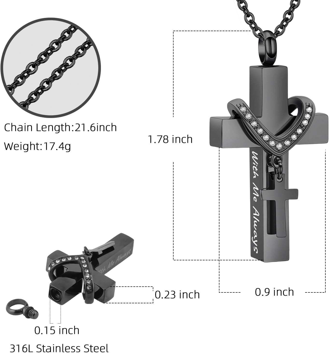 Cremation Jewelry for Ashes Pendant - Cross Urn Necklace with Mini Keepsake Urn Memorial Ashes Jewelry - With Me Always