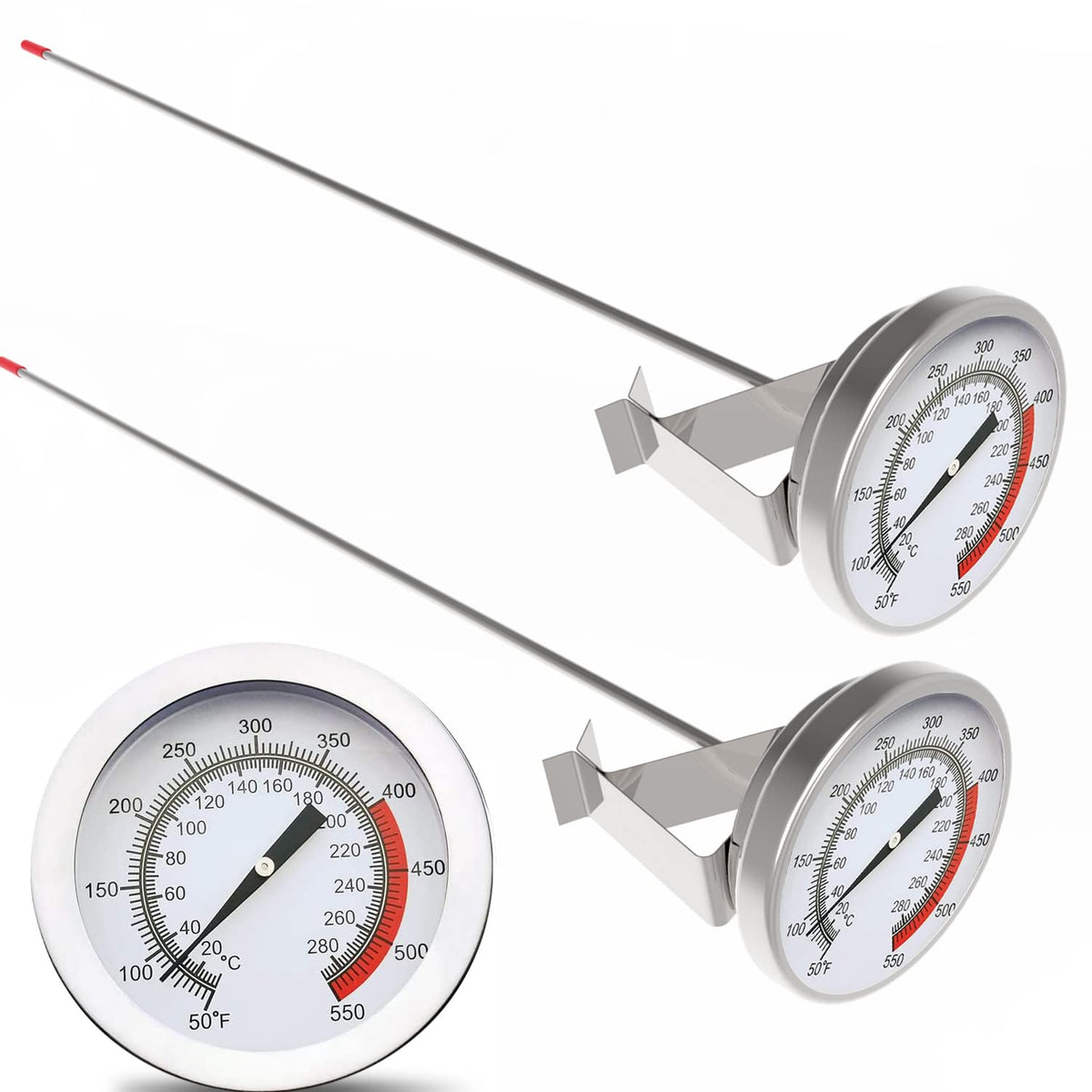 16" Long Stem Deep Fry Thermometer (2 Pack) with Pot Clip, Instant Read 2" Dial Meat BBQ Turkey Thermometer Candy
