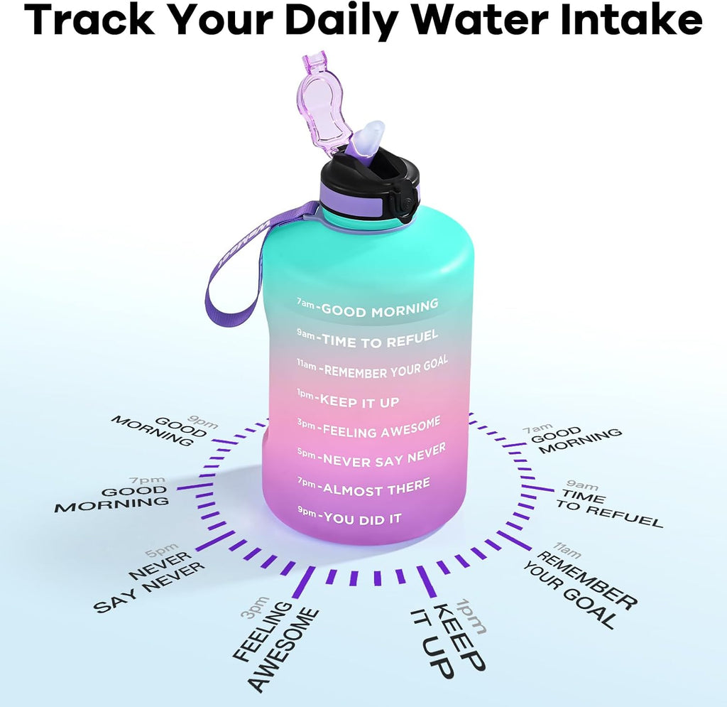 Gallon Sport Water Jug with Time Marker and non-slip handle, Sports Motivational Water Bottle, Wide Mouth with Easy
