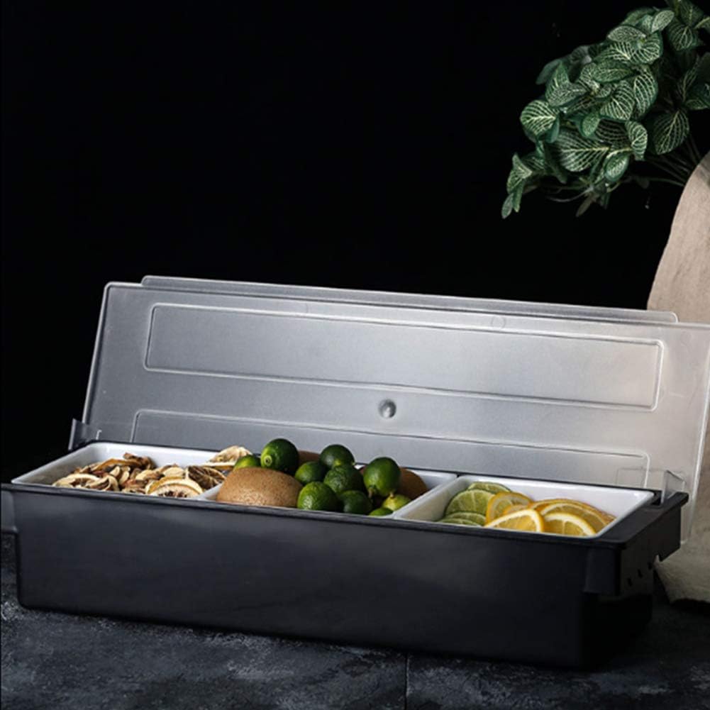 Fruit Veggie Condiment Caddy with Lid, 3 Compartment Plastic Dispenser Tray for Catering Dips Toppings, Serving Taco