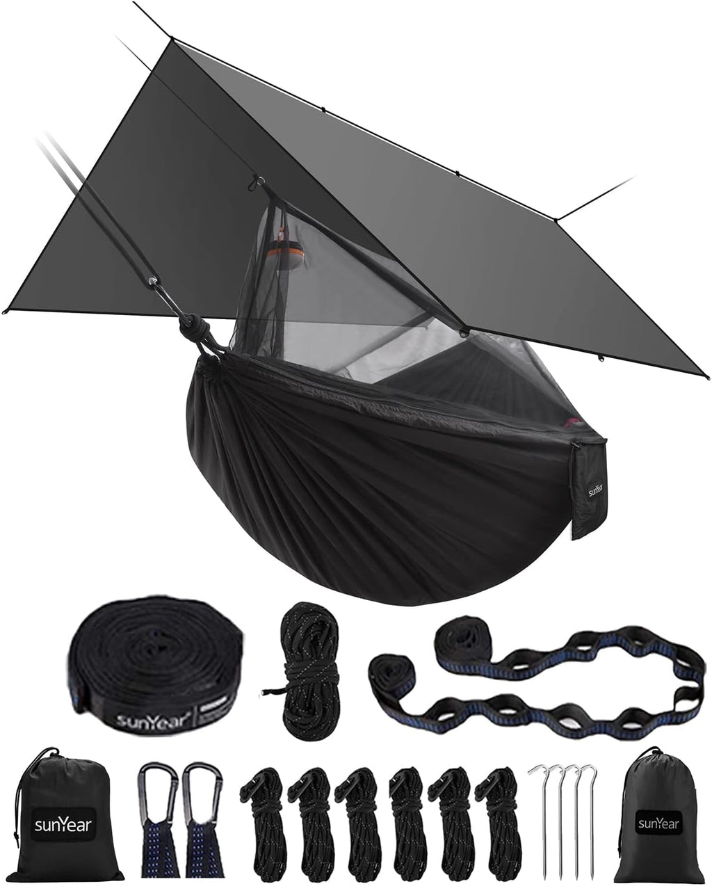 Hammock Camping with Rain Fly Tarp and Net, Portable Camping Hammock Double Tree Hammock Outdoor Indoor Backpacking