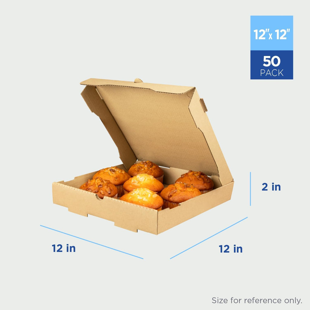 Pizza Boxes 12" x 12" x 2" [50 Pack] Kraft Corrugated Boxes | Ventilated, Grease-Resistant, Durable for Pizza