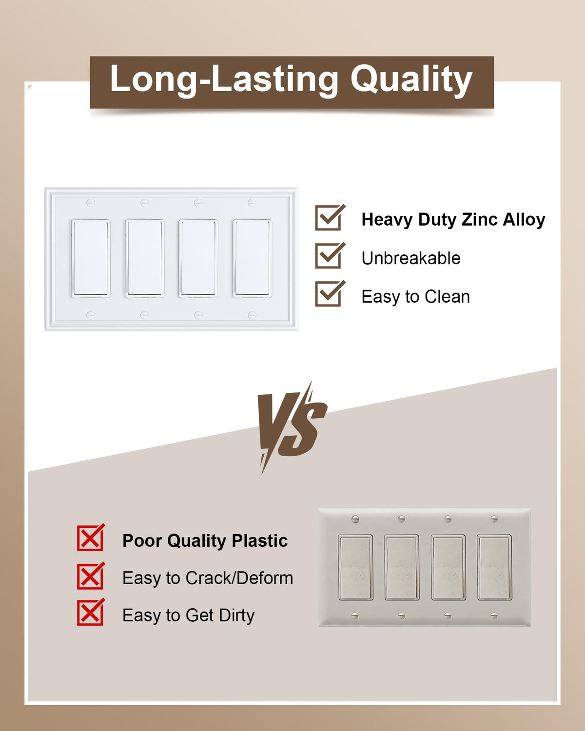 2-Pack Zinc Alloy Quad Decorator Outlet Cover Plate, Solid Wall Plates
