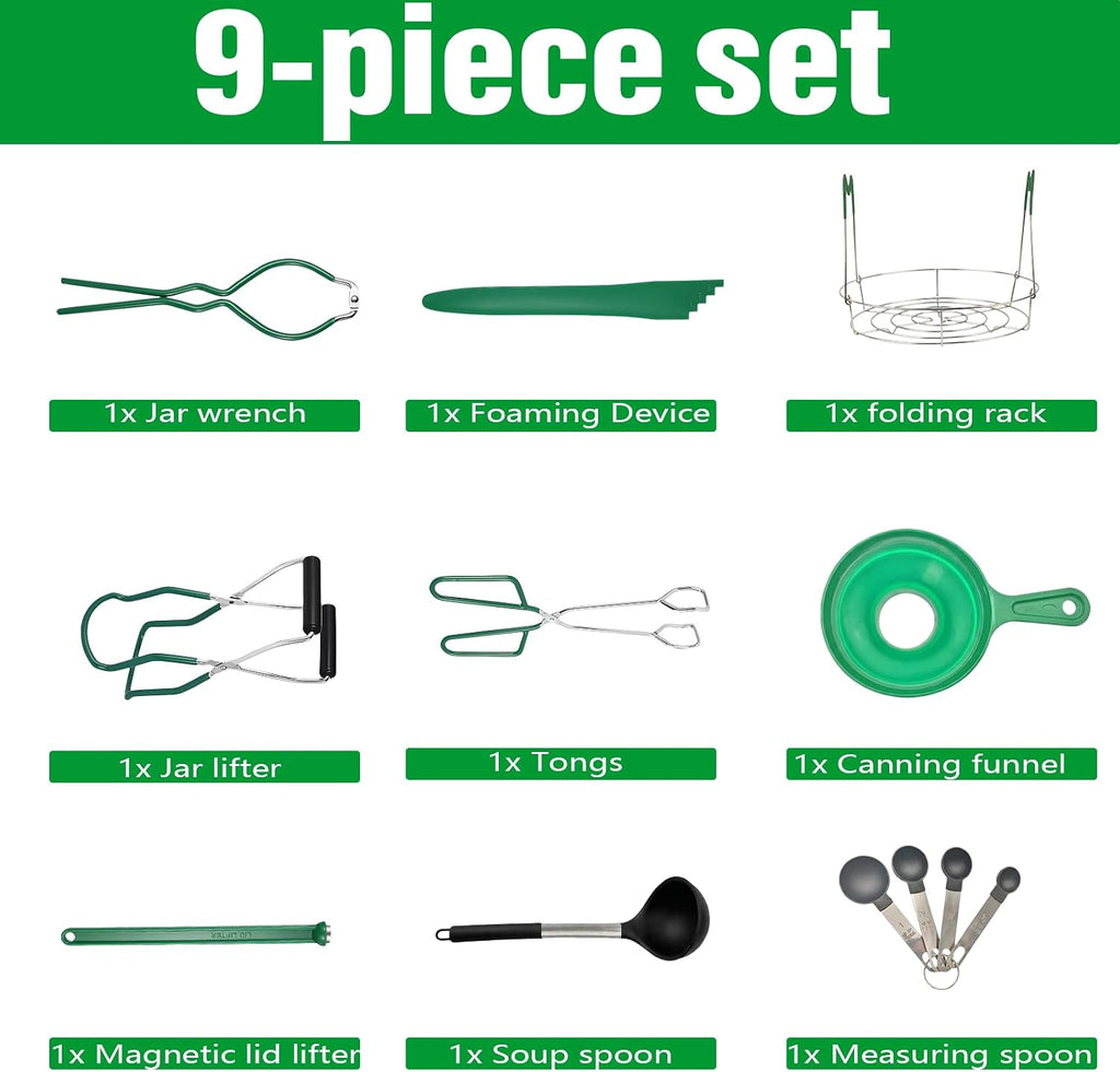 Canning Supplies Starter Kit,Canning Tools Set-9 Piece with Rack,Funnel, Ladle, Measuring Spoons,Jar Lifter, Bubble