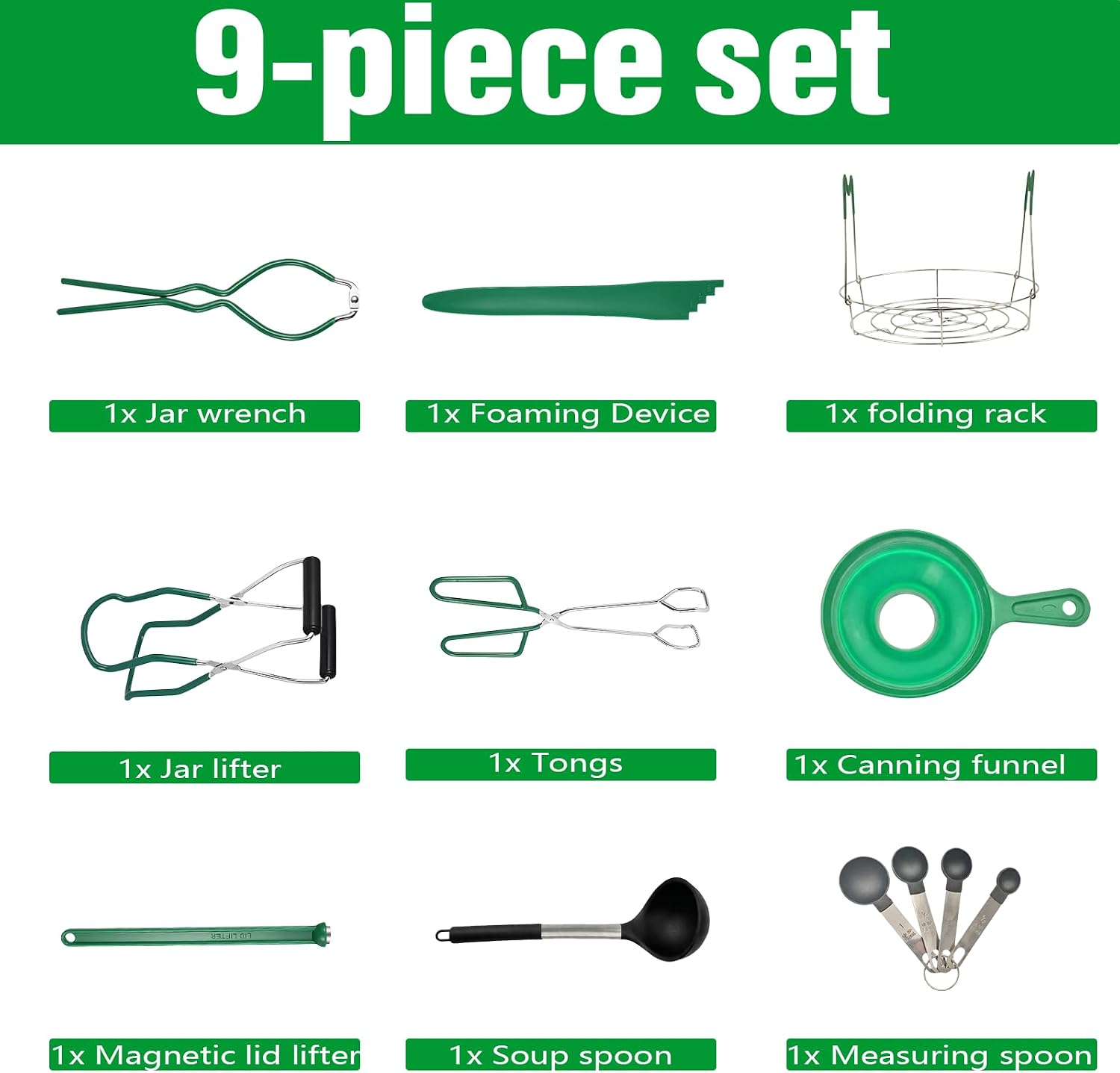 Canning Supplies Starter Kit,Canning Tools Set-9 Piece with Rack,Funnel, Ladle, Measuring Spoons,Jar Lifter, Bubble