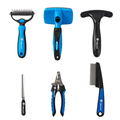 6 in 1 Pet Grooming Kit for Dogs & Cats - Deshedding Brush, Undercoat Rake, Slicker Brush, Nail Clipper, Nail File &