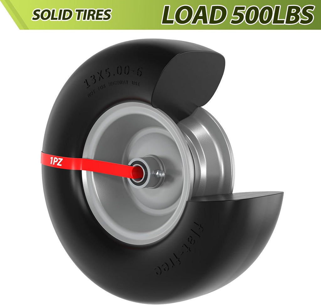 13x5.00-6 Flat Free Lawn Mower Tire and Wheel 13x5x6 Solid Front Tires | for Zero Turn Mower 500Lbs Load 3/4" 5/8"