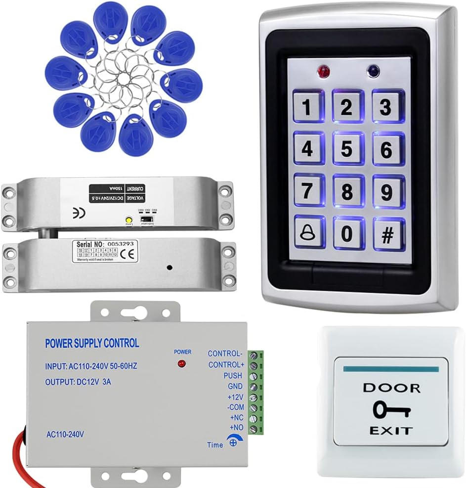 RFID Keypad Access Control Kit with Aluminum Alloy Strike Lock | Zinc Alloy Keypad, 12V 3A Power Supply, Exit Button