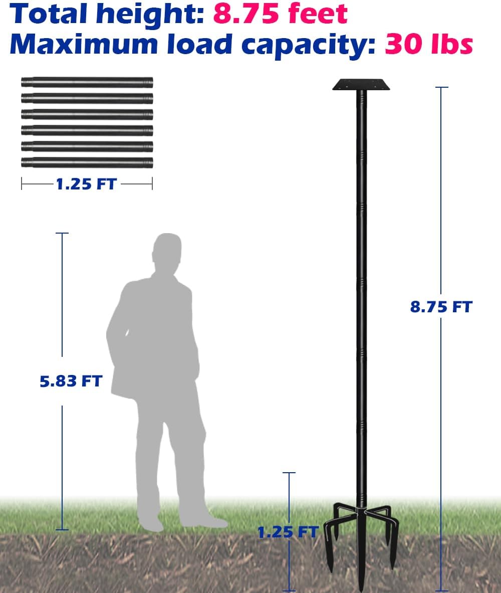 105 Inch Bird Feeder Pole Kit, Heavy Duty Bird House Pole Set with 5-Forked Base, Adjustable Universal Mounting Post