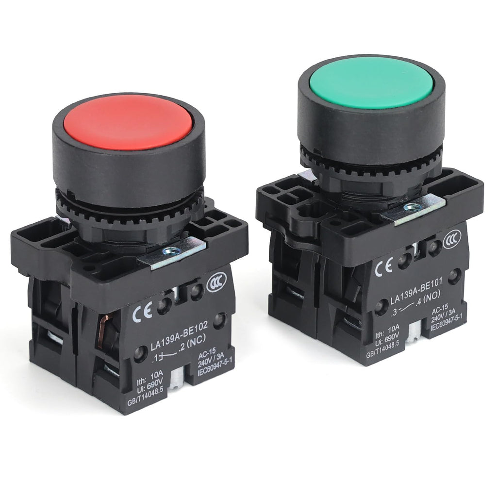 APIELE 2PCS 22MM Momentary Push Button Switch Red Green 10A 600V Plastic Material (1NO+1NC)