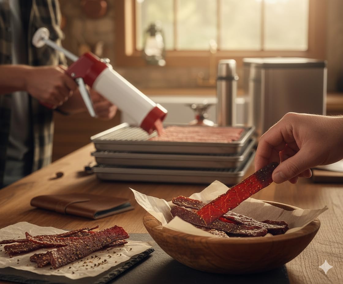 Jerky Gun Kit, Food-Grade Plastic Jerky Maker & Sausage Stuffer with 3 Nozzles for Ground Meat