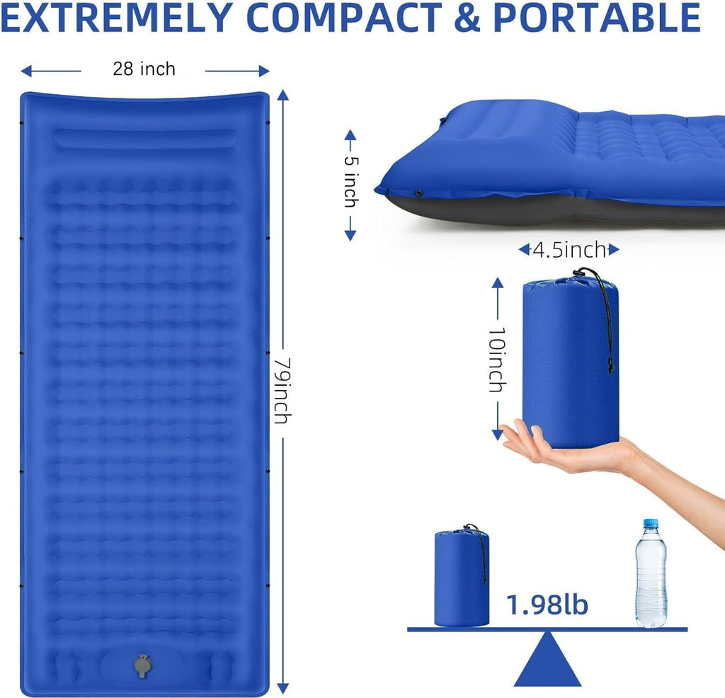 Camping Sleeping Pad, Extra Thick 5 Inch Camping Mat with Pillow Built-in Foot Pump Inflatable Sleeping Pads Compact