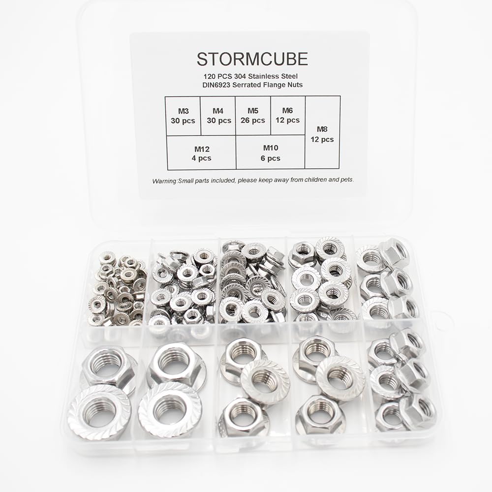 Flange Nut Kit 120 pcs M3 M4 M5 M6 M8 M10 M12 Hex Lock Nuts