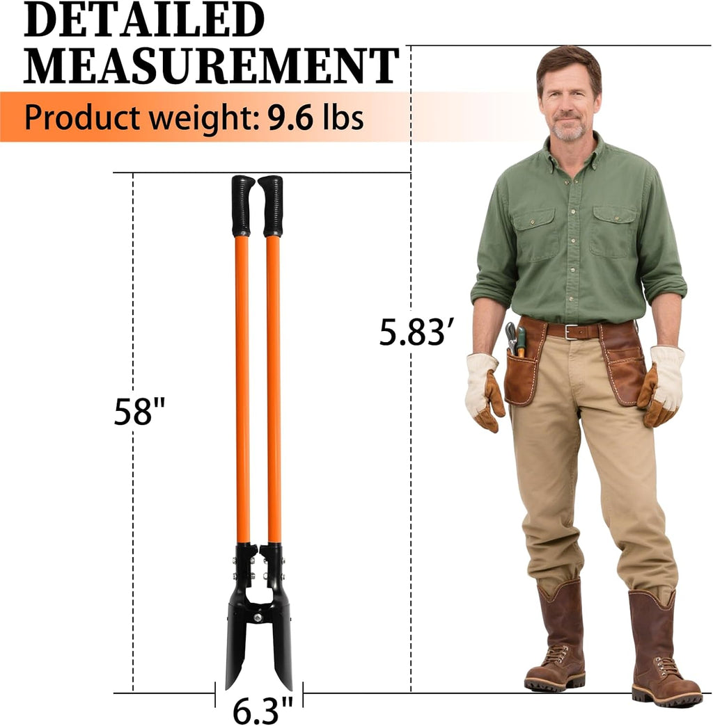 Post Hole Digger, Heavy Duty with Fiberglass Handle, Carbon Steel Blades, 58 Inches, Orange & Black