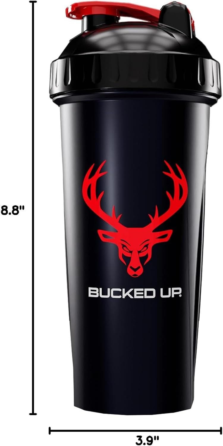 Perfect Shaker Bottle, 28oz, BPA-Free, Dishwasher Safe, Leak-Proof, Black Bottle with Red Buck Logo