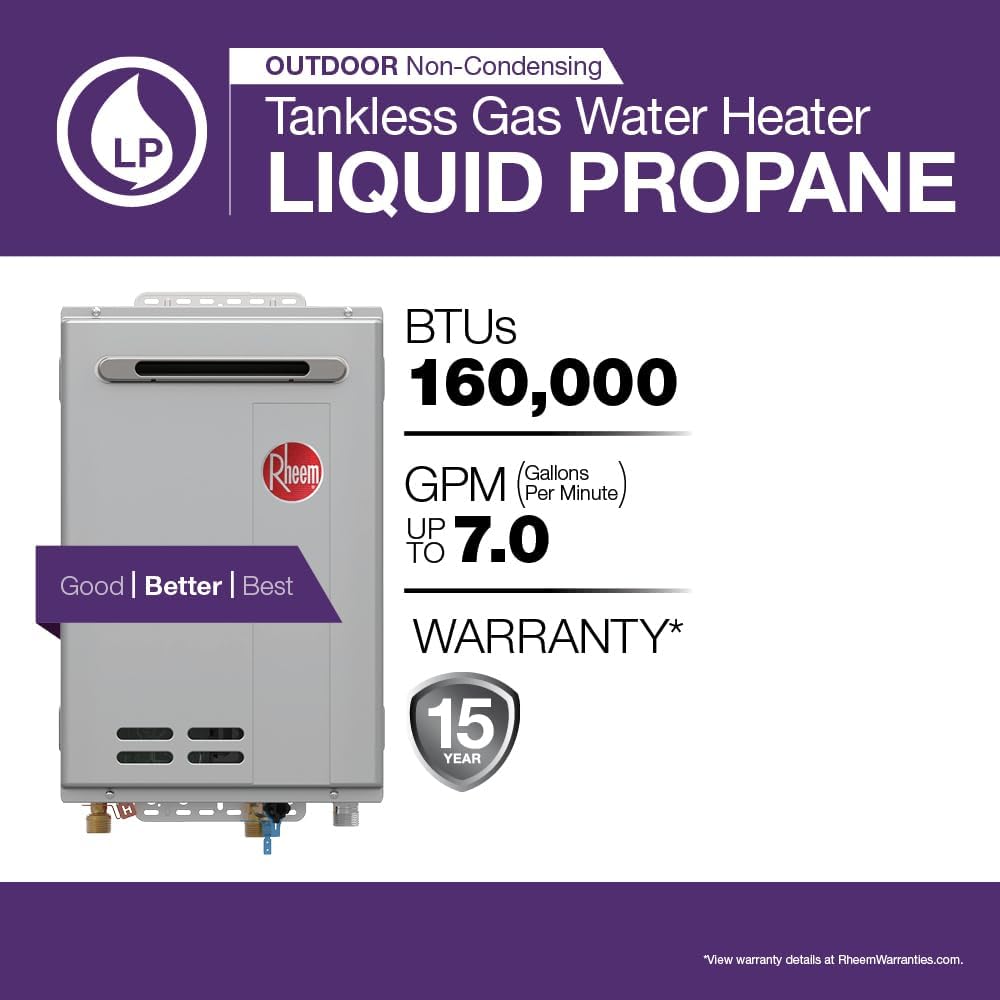 RTG Series 7.0 GPM Liquid Propane Tankless Water Heater Outdoor | 160,000 BTUs High Efficiency On Demand, Continuous