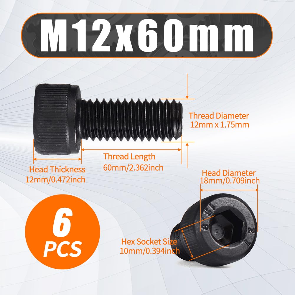 M12 x 60mm Hex Socket Cap Head Screws Bolts, 6pcs Grade12.9 Machine Screws