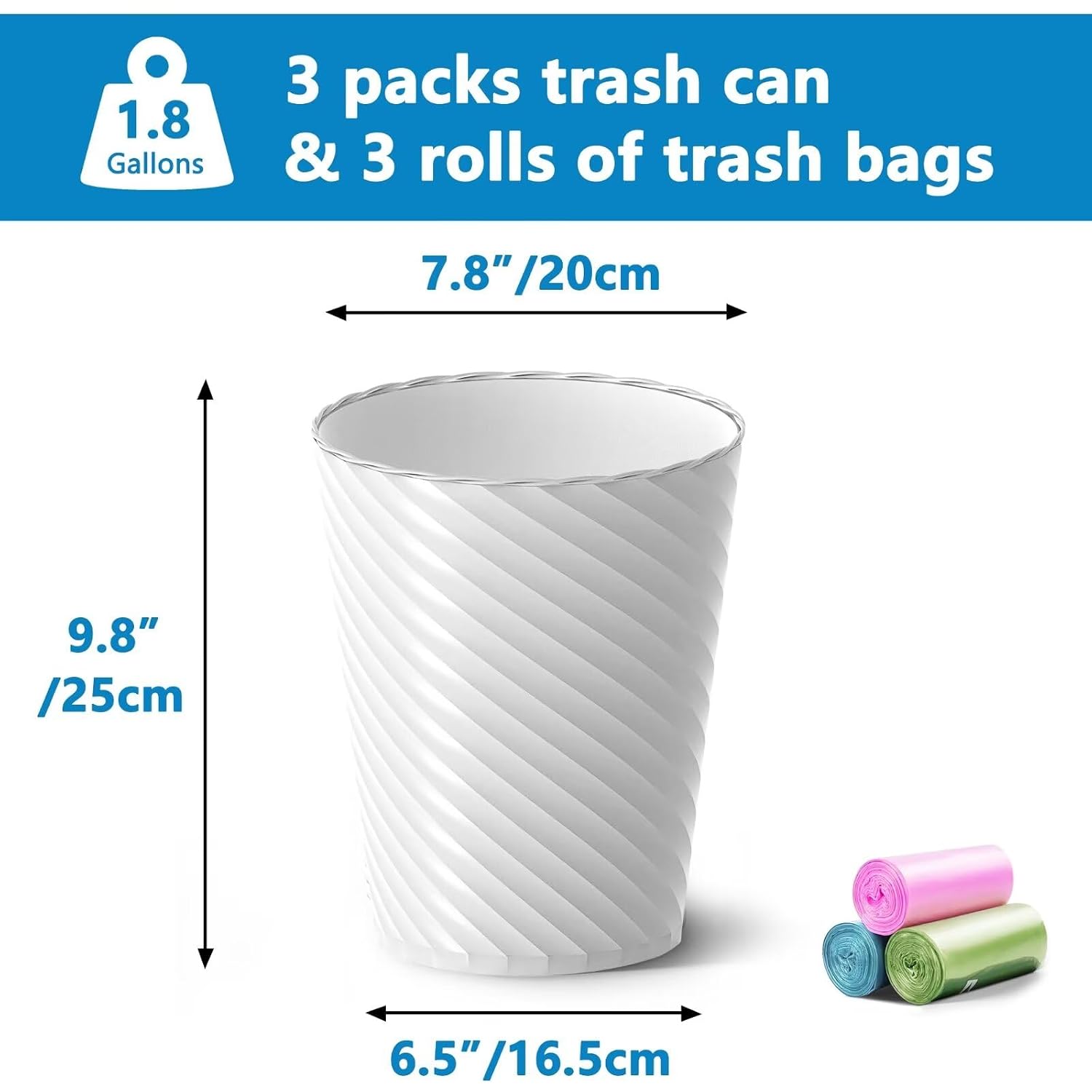 Bathroom Trash Can 3 Pack, 1.8 Gallon Small Trash Can with Trash Bags | Garbage Can for Bedroom Living Room