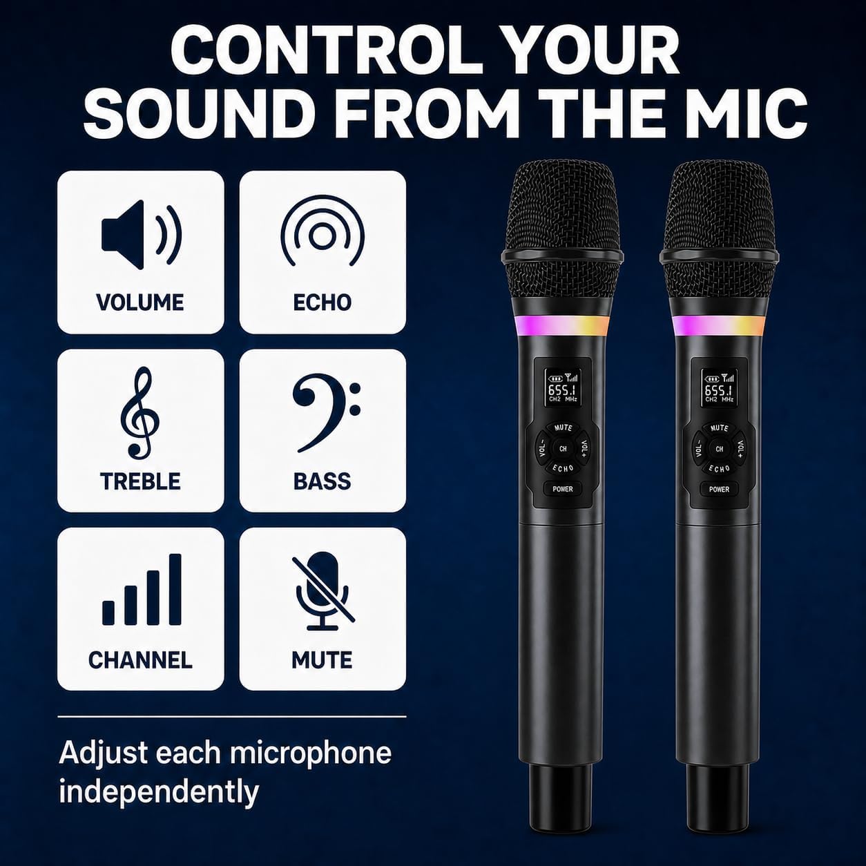 Wireless Microphones, Dual 2.4GHz Handheld Karaoke Mic System | Rechargeable Receiver with Volume, Echo, Treble, Bass