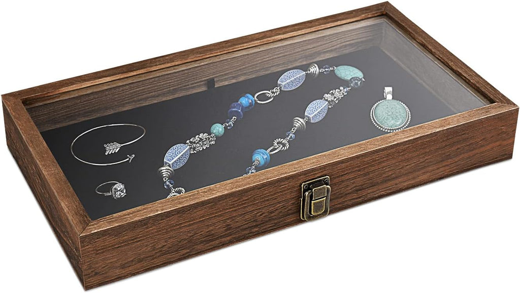 Wood Jewelry Display Case with Tempered Glass Top, Black Velvet Pad | Wood display case with a glass top and