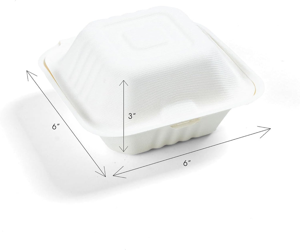 100% Compostable Clamshell Containers - Heavy Duty Disposable Takeout Container [1-Compartment, 6x6x3, 500-Pack] Made