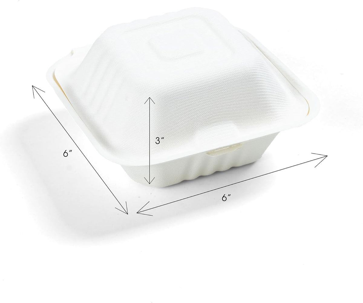100% Compostable Clamshell Containers - Heavy Duty Disposable Takeout Container [1-Compartment, 6x6x3, 500-Pack] Made