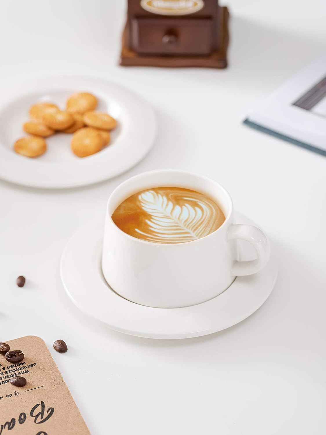 Porcelain Stackable Cappuccino Cups with Saucers - 8 Ounce for Specialty Coffee Drinks, Cappuccino, Latte, Americano