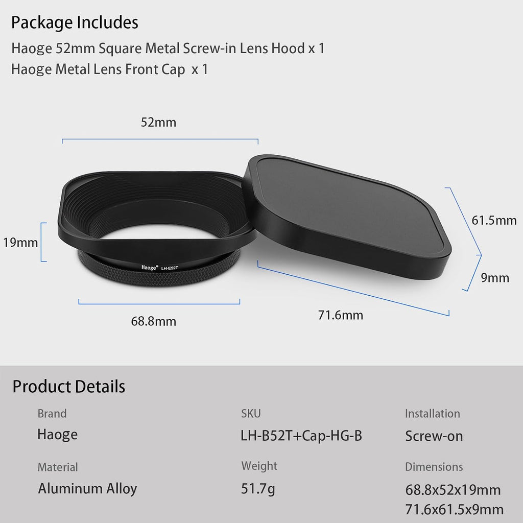 LH-E52T 52mm Square Metal Screw-in Lens Hood with Cap for 52mm Canon Nikon Sony Leica Voigtlander Nikkor Panasonic
