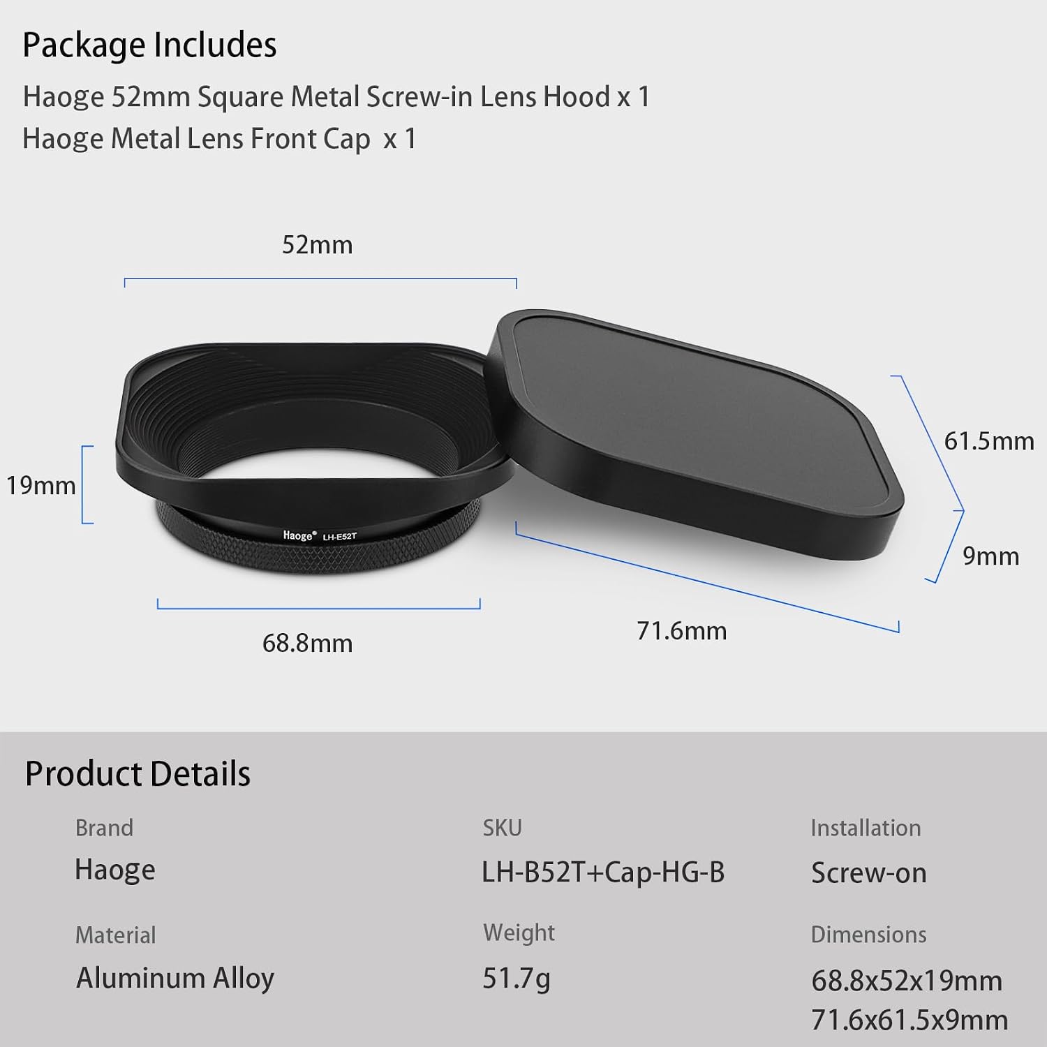 LH-E52T 52mm Square Metal Screw-in Lens Hood with Cap for 52mm Canon Nikon Sony Leica Voigtlander Nikkor Panasonic