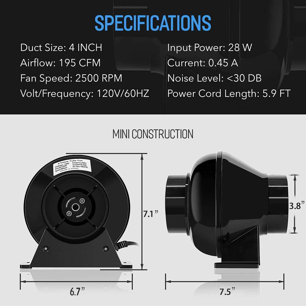 4 Inch 195 CFM Inline Fan Air Carbon Filter with Hook, 8 Feet Ducting Combo