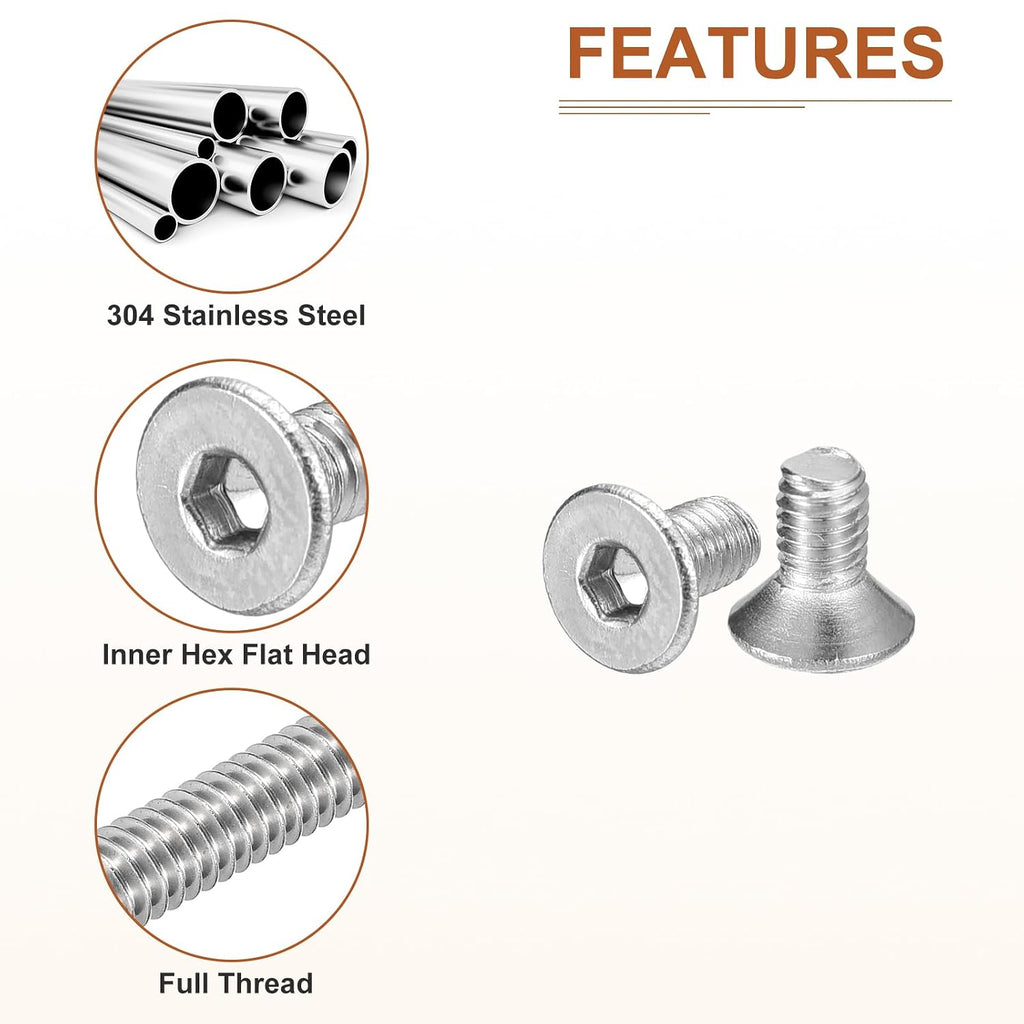 DTGN M3-0.5 x 6mm Flat Head Socket Cap Screws, 100 Pack 304 Stainless Steel Hex Socket Flat Head Screws, Full Thread, Countersunk Bolts
