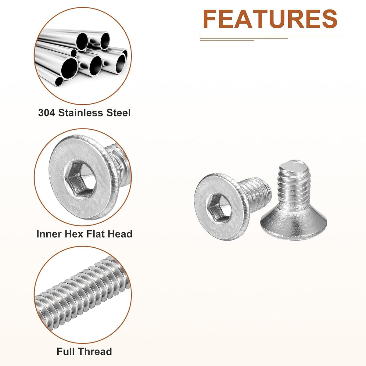 DTGN M3-0.5 x 6mm Flat Head Socket Cap Screws, 100 Pack 304 Stainless Steel Hex Socket Flat Head Screws, Full Thread, Countersunk Bolts
