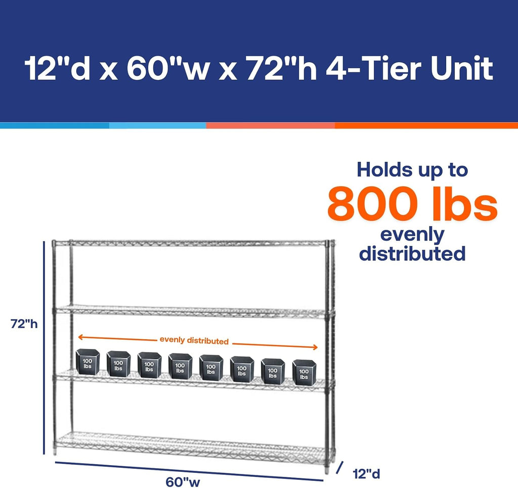 Shelving Inc. 12" d x 60" w x 72" h Chrome Wire Shelving w/ 4 Tier Shelves | Weight Capacity 800lbs Per Shelf