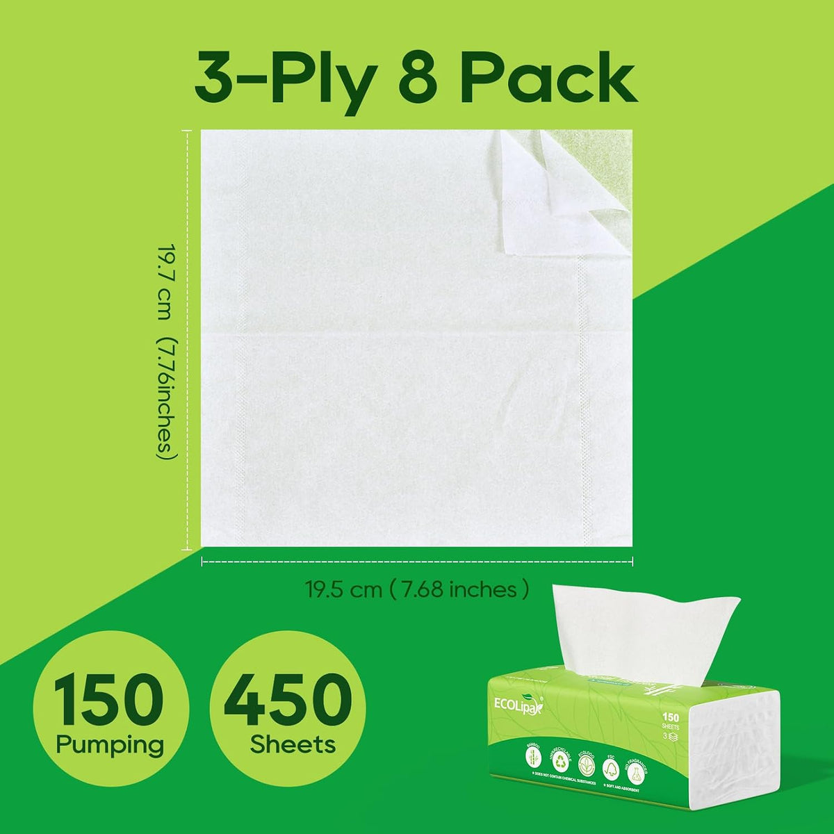 Bamboo Facial Tissues, 8 Packs, 1200 Sheets Total, 3-Ply