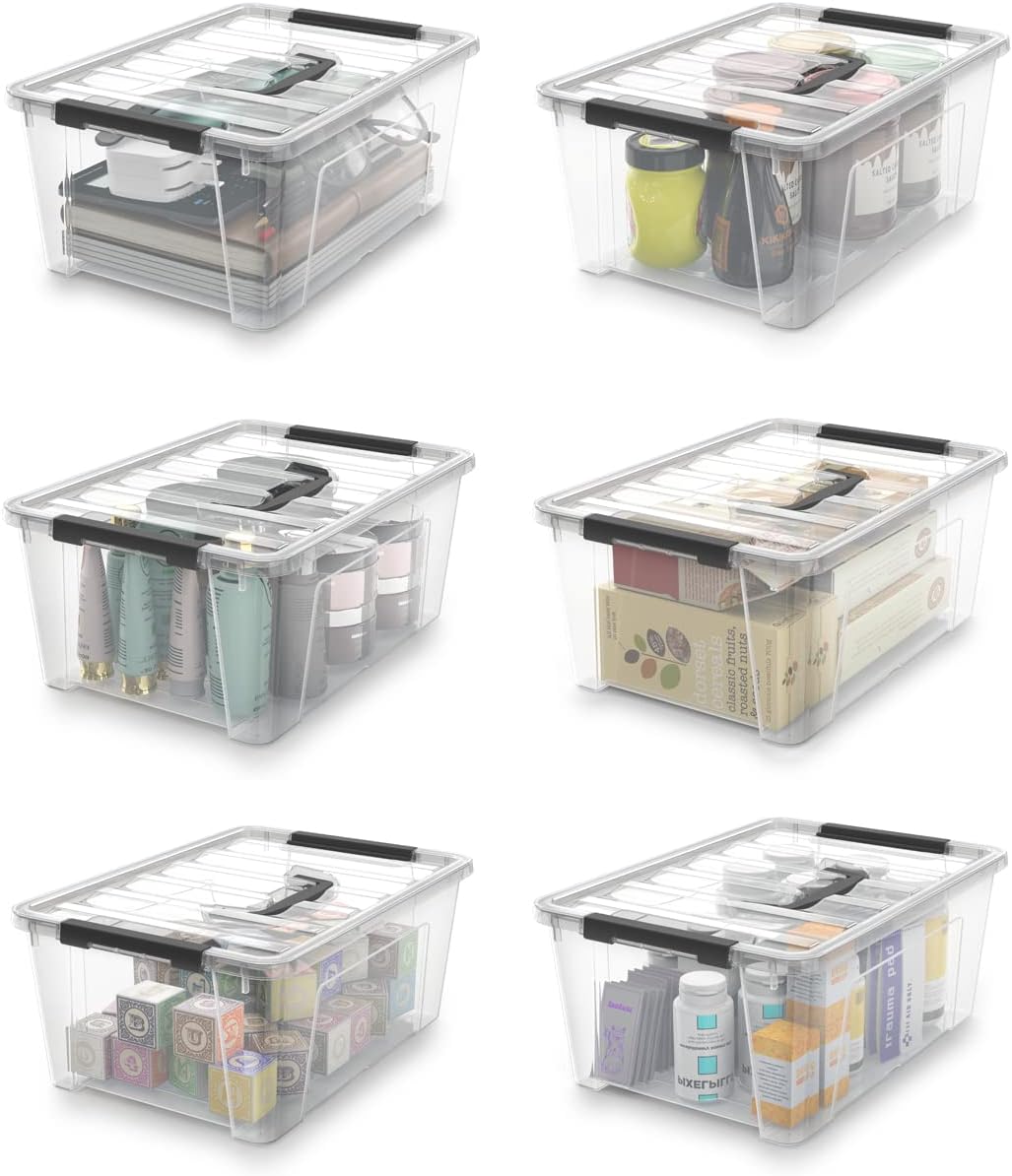 Clear Storage Latch Bins, 6-Pack Storage Organizer Box with Handle and Lids, 5-Litre