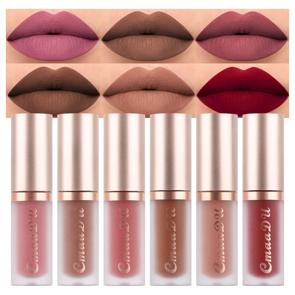 6Pcs Dark Light Nude Brown Matte Matt Liquid Lipstick Lip Gloss Glossy Set for Black Women, 24 Hour Brown Mauve Red