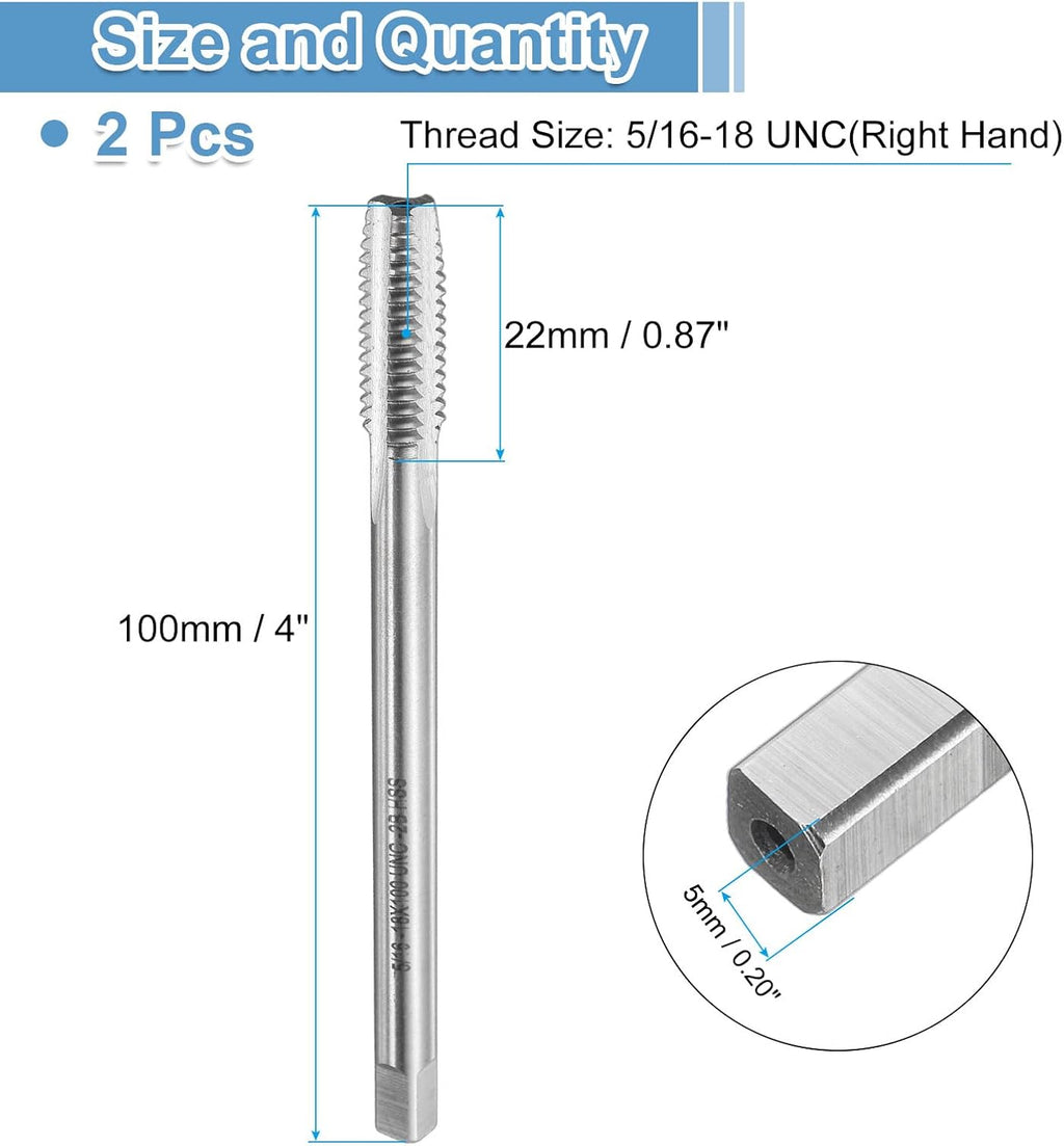uxcell 2pcs Straight Flute Screw Taps 5/16-18 UNC 2B Thread 4" Extra Long HSS6542 Machine Threading Milling Tap Tapping Tools