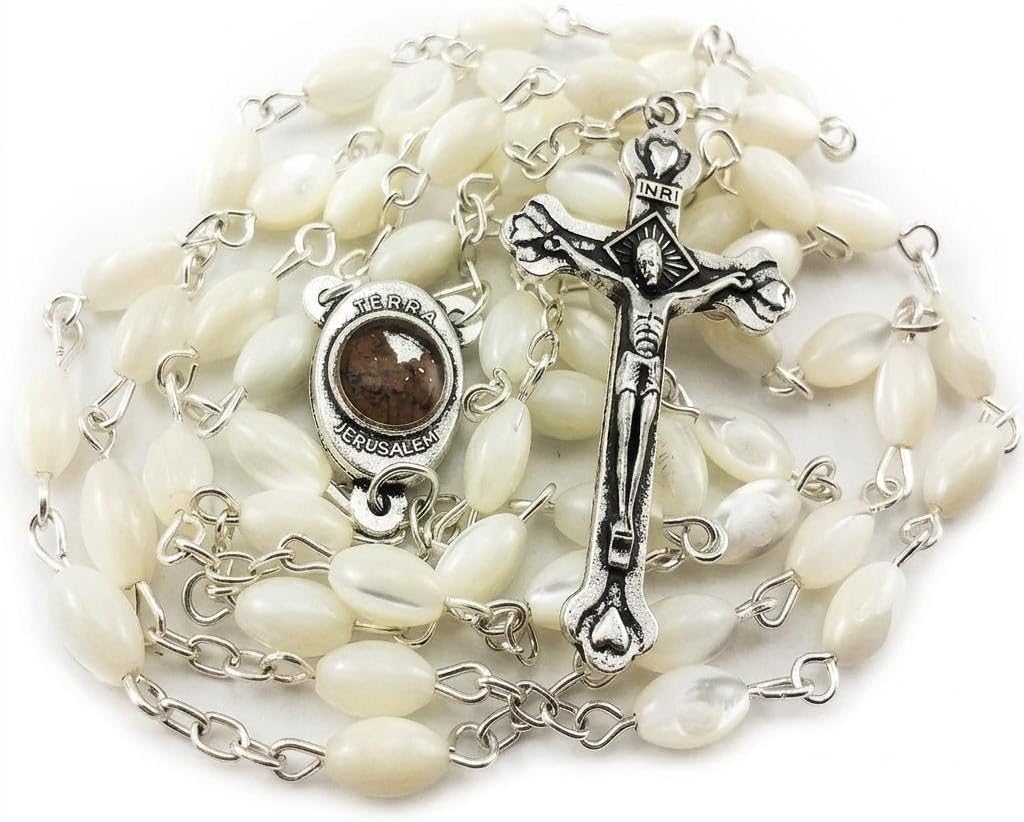 Nazareth Store Mother of Pearl Catholic Rosary Necklace with 6-7mm Nacre Beads Jerusalem Holy Soil Medal Oxidized