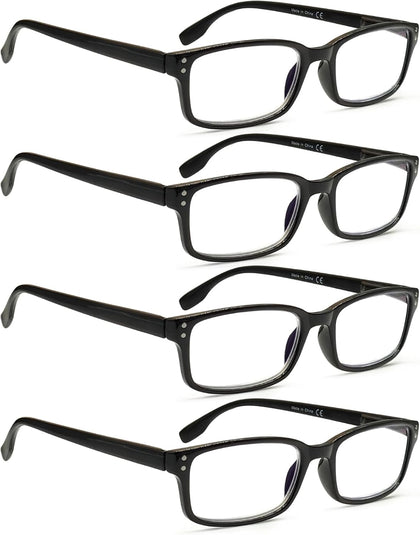 4 Pack Reading Glasses for Men and Women with Spring Hinges, Lightweight Black Rectangular Readers Eyeglasses