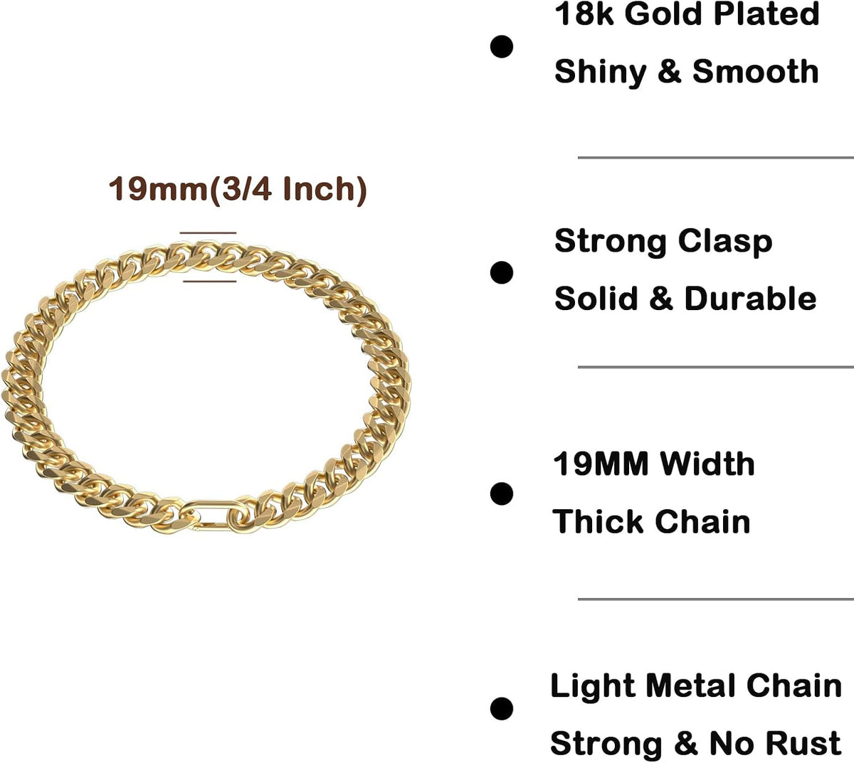 19MM Thick Light Metal Cuban Link Collar - Gold Dog Chain for Medium Large Dogs - 20 Inch Necklace
