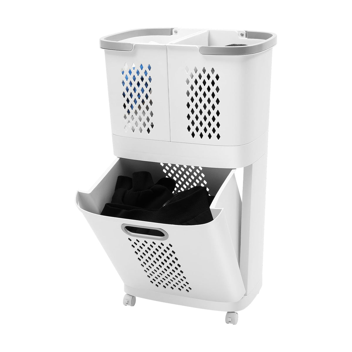 2 Tier Laundry Basket with Wheels & Handle, White Laundry Hamper Plastic 2 Section Laundry Sorter Floor-Standing