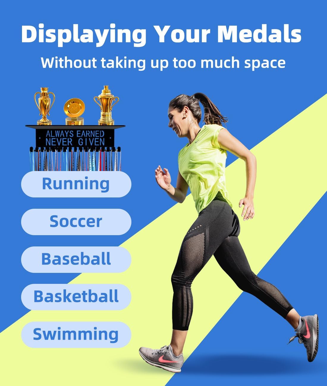 Awards Always Earned Never Given Medal Display Hanger Holder Bib Ribbon Rack Hooks Organizer Awards Ribbon Wall Mount