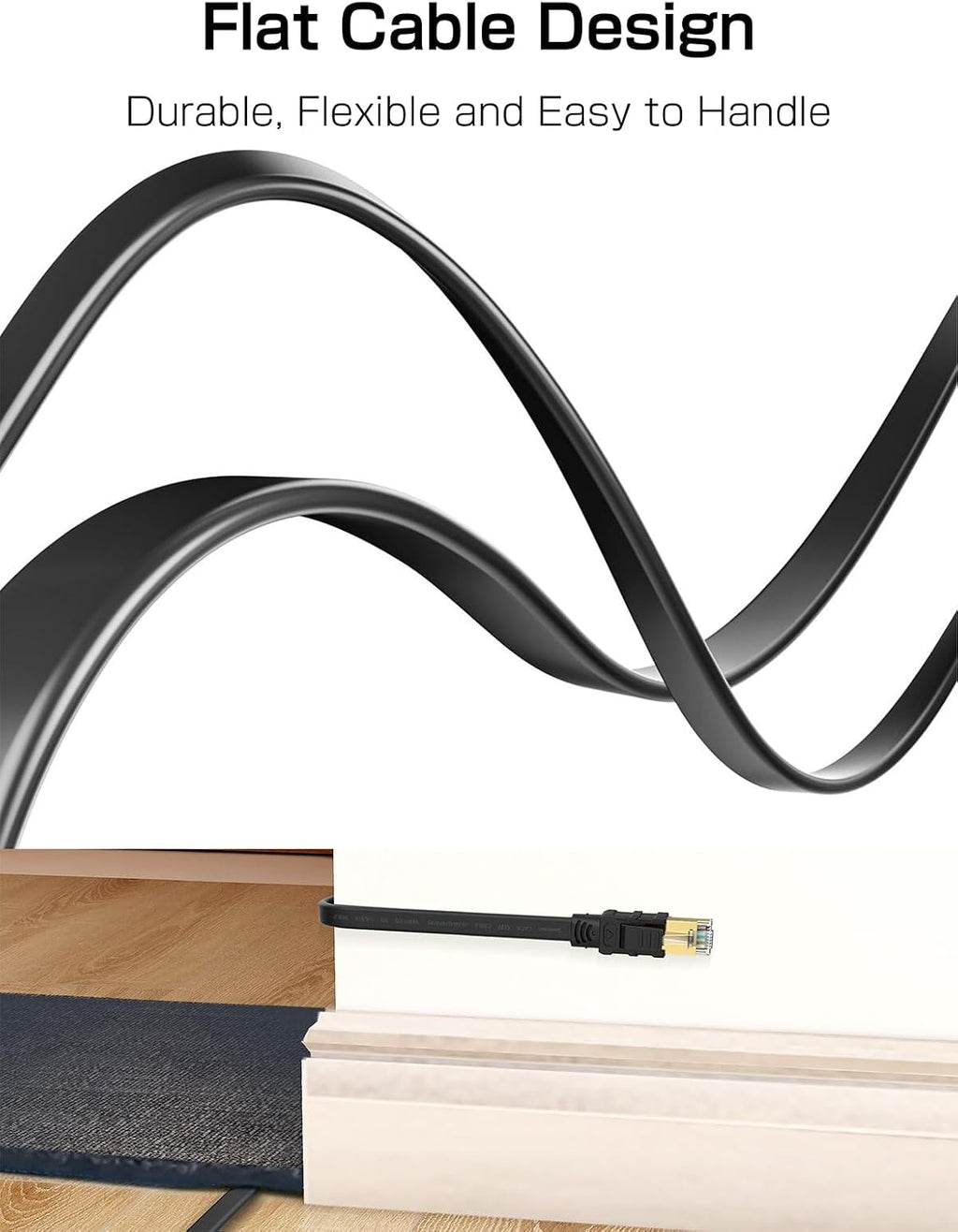 Cat 8 Ethernet Cable 50FT, 40Gbps Flat RJ45 LAN Network Cable | Flat shielded Cat 8 cable supports 40Gbps/2000MHz for