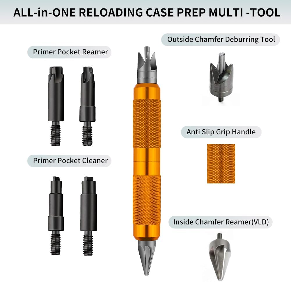 Ludex Case Prep Multi-Tool for Case Trimmer, Crafting Case Pocket Cleaner, Reamer and Chamfer Deburring Tools -Reloading Tool for .17 to .45 Caliber (orange color)
