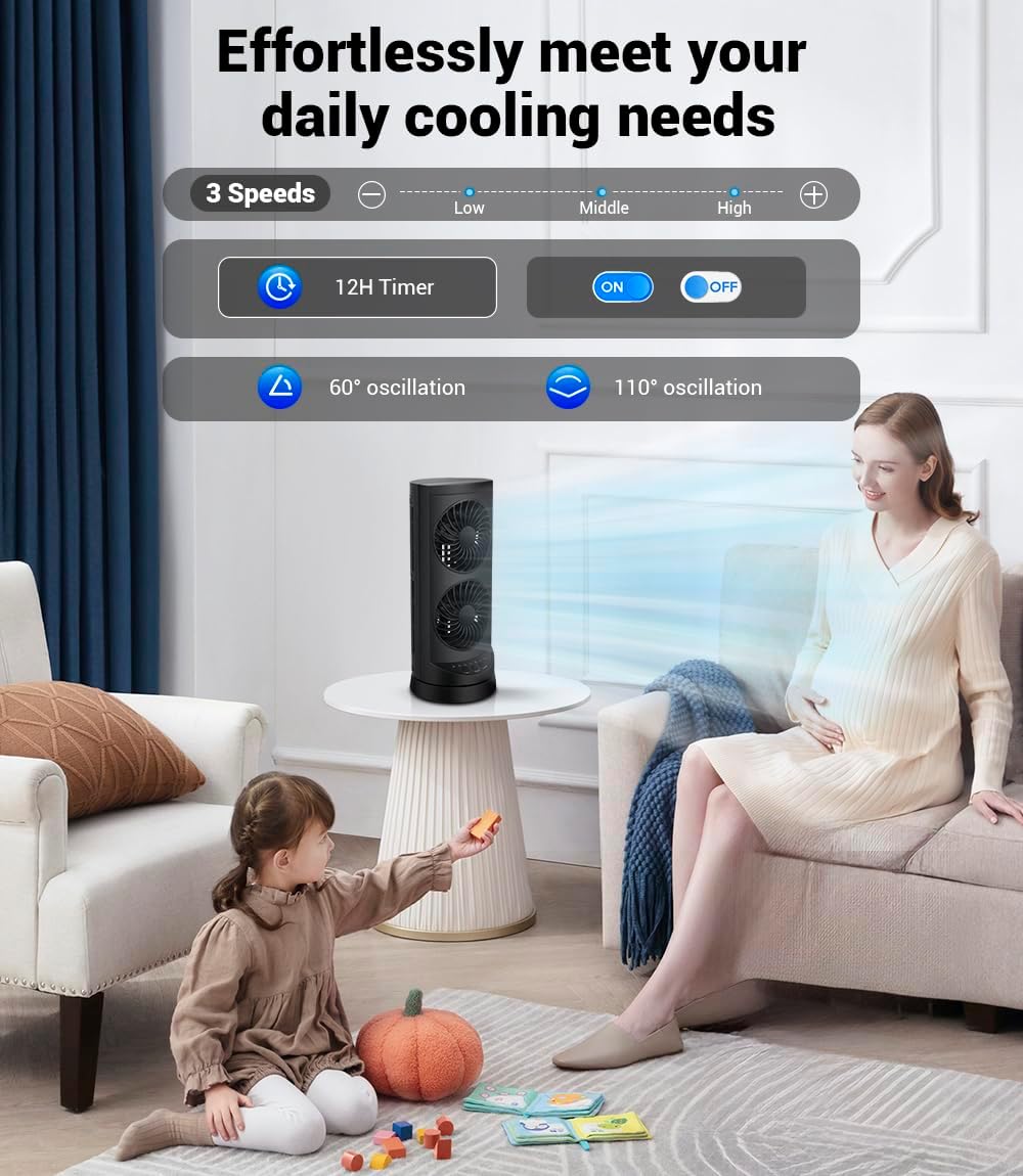 Personal Tower Cooling Fans that Blow Cold Air,25dB Quiet Fan with 24ft/s | Standing Small Desk Fan with 3 Speeds &