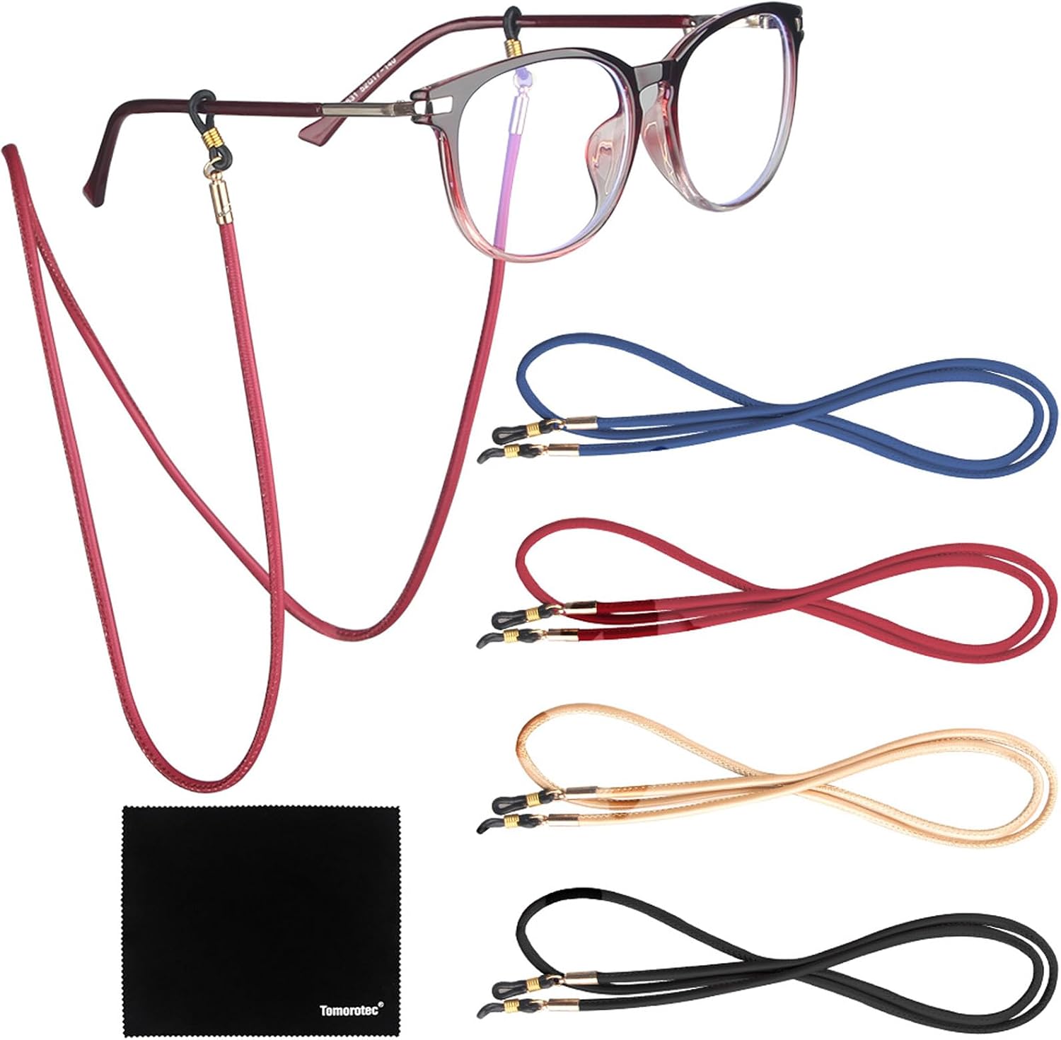 4 Pack Glasses Strap, PU Leather Eyeglass Retainer for Men Women | Ultra-Light 0.27oz Adjustable Silicone Loops with