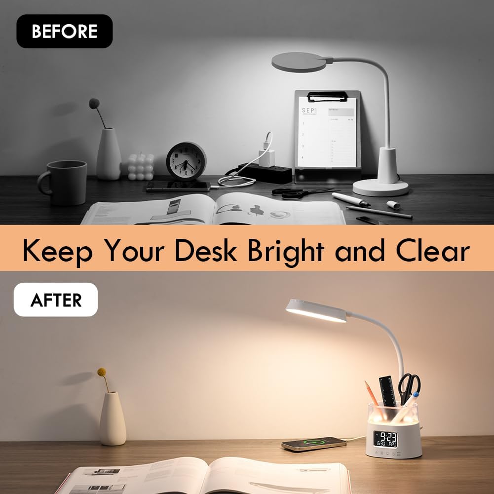 LED Desk Lamps for Home Office with Pen Holder, Table Lamp for Bedroom with USB Charging Port & Clock, RGB Night
