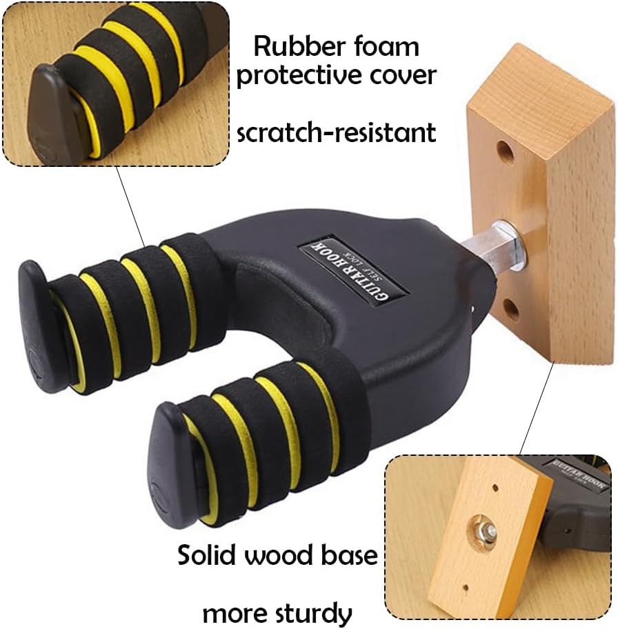 Non-Scratch Self Locking Guitar Wall Mount with Solid Wood Base | Auto Lock Guitar Hanger Hook for