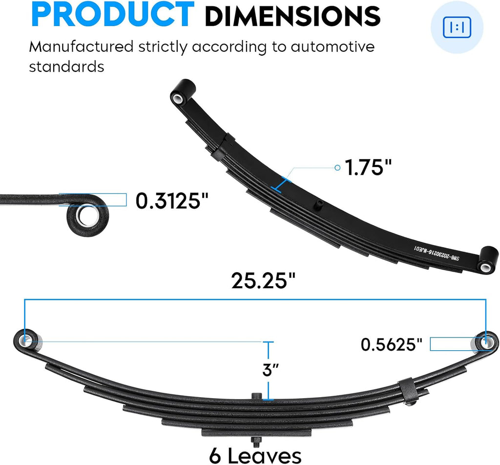 Trailer Spring 6 Leaf Double Eye for 7000 lbs Trailer Axle Springs, 25-1/4” Length, 3500 lbs Weight Capacity Per