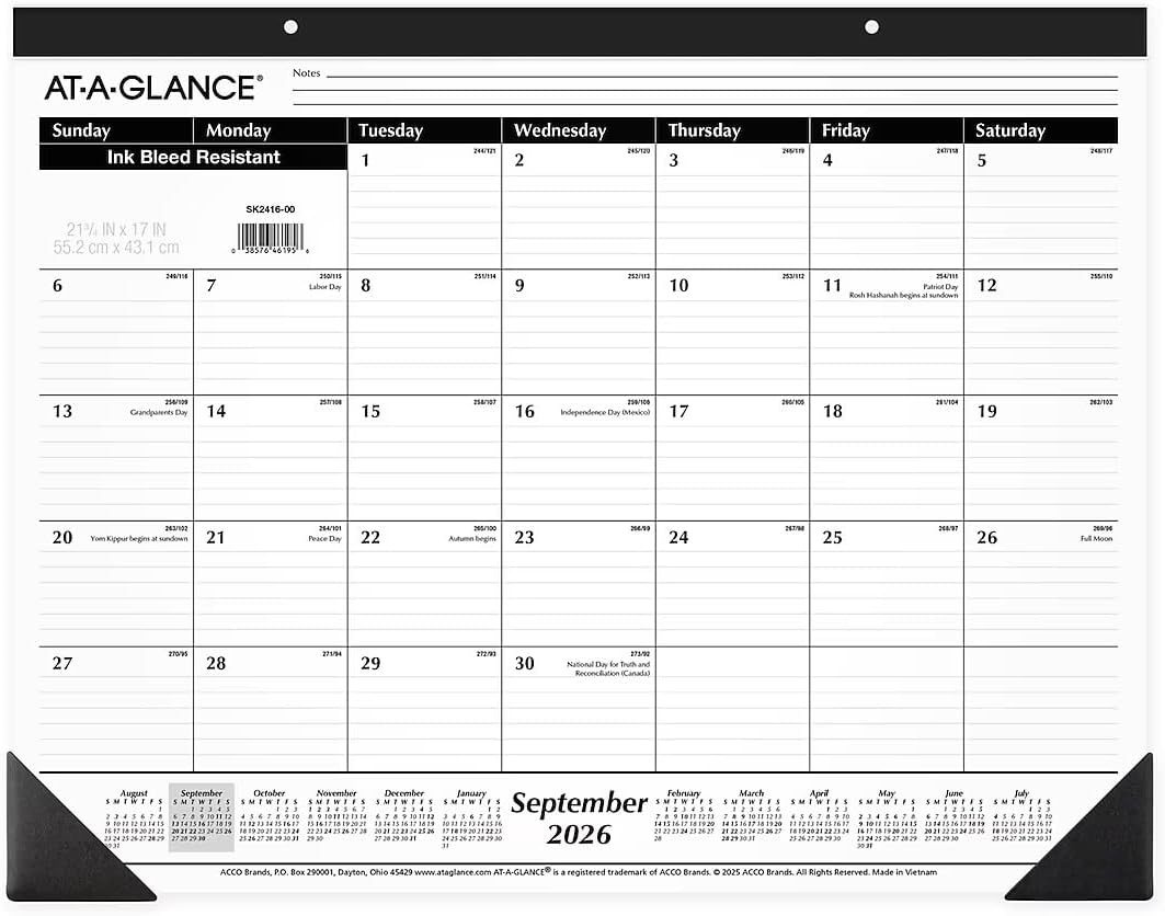 2026-2027 AT-A-GLANCE 21.75" x 17" Academic Monthly Desk Pad Calendar, White/Blue (SKLPAY-32-27)